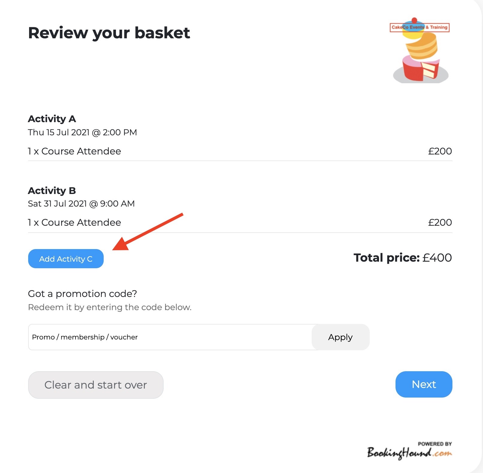 Review Your Basket Additional Activities Screen